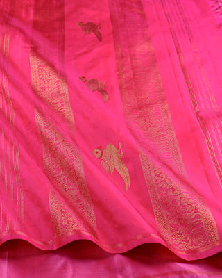 Fuchsia pink pure silk handwoven Kanjivaram saree with gold zari rudraksha peacock buttas and elaborate peacock floral pallu