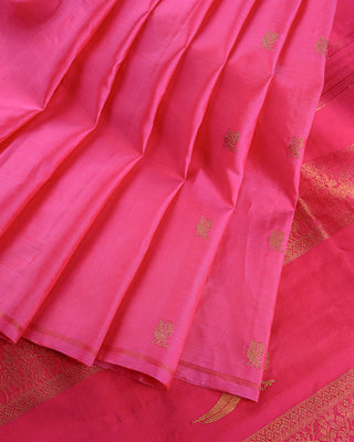 Fuchsia pink pure silk handwoven Kanjivaram saree with gold zari rudraksha peacock buttas and elaborate peacock floral pallu
