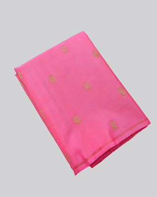 Fuchsia pink pure silk handwoven Kanjivaram saree with gold zari rudraksha peacock buttas and elaborate peacock floral pallu