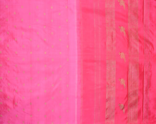 Fuchsia pink pure silk handwoven Kanjivaram saree with gold zari rudraksha peacock buttas and elaborate peacock floral pallu
