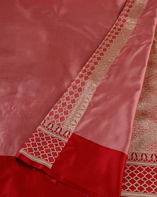 Banarasi Pure Silk Brocade Saree in Rose Pink and Red with Gold Zari