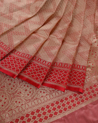 Banarasi Pure Silk Brocade Saree in Rose Pink and Red with Gold Zari