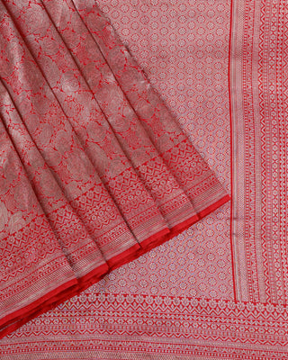 Crimson Red Banarasi Tissue Silk Brocade Saree with Floral Rose Motifs