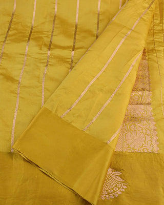 Bright haldi yellow Poona silk saree with silver-gold zari floral border and matching blouse