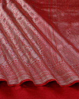 Crimson Red Banarasi Tissue Silk Brocade Saree with Floral Rose Motifs