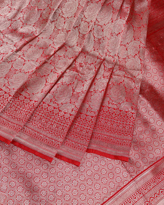 Crimson Red Banarasi Tissue Silk Brocade Saree with Floral Rose Motifs