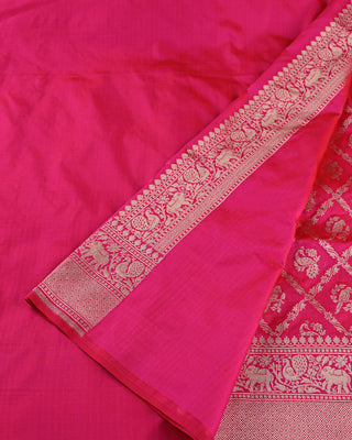 Bright Pink Banarasi Pure Silk Shikarga Saree with Peacock and Elephant Motifs