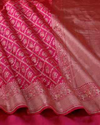 Bright Pink Banarasi Pure Silk Shikarga Saree with Peacock and Elephant Motifs