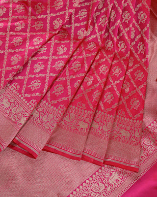 Bright Pink Banarasi Pure Silk Shikarga Saree with Peacock and Elephant Motifs
