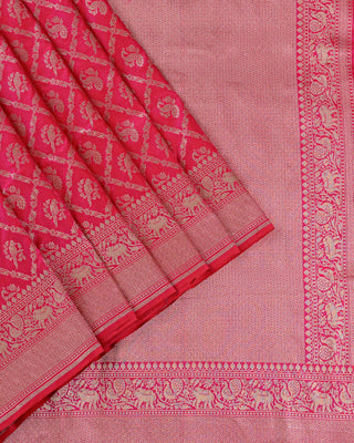 Bright Pink Banarasi Pure Silk Shikarga Saree with Peacock and Elephant Motifs