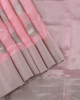 Peach Pink Handwoven Chanderi Pure Silk Saree with Silver Zari Leaf Motifs and Striped Pallu