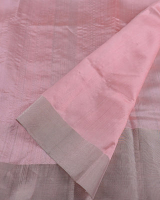 Peach Pink Handwoven Chanderi Pure Silk Saree with Silver Zari Leaf Motifs and Striped Pallu