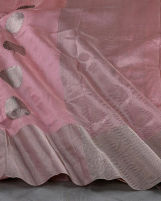 Peach Pink Handwoven Chanderi Pure Silk Saree with Silver Zari Leaf Motifs and Striped Pallu
