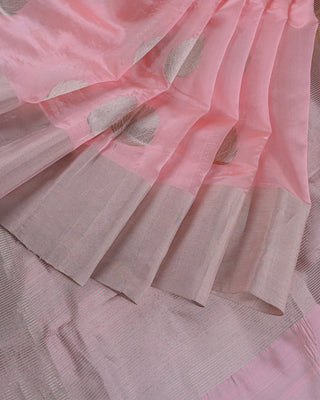 Peach Pink Handwoven Chanderi Pure Silk Saree with Silver Zari Leaf Motifs and Striped Pallu