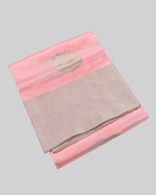 Peach Pink Handwoven Chanderi Pure Silk Saree with Silver Zari Leaf Motifs and Striped Pallu