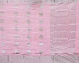 Peach Pink Handwoven Chanderi Pure Silk Saree with Silver Zari Leaf Motifs and Striped Pallu