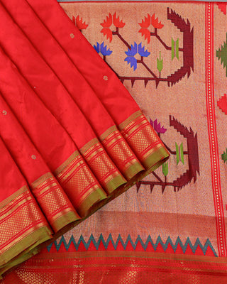 Red pure silk Paithani saree with gold zari Narali border and multicolour floral pallu handwoven in Yeola
