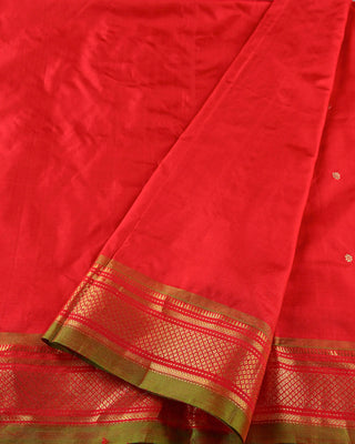 Red pure silk Paithani saree with gold zari Narali border and multicolour floral pallu handwoven in Yeola