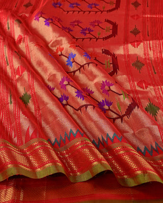 Red pure silk Paithani saree with gold zari Narali border and multicolour floral pallu handwoven in Yeola