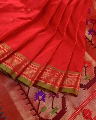 Red pure silk Paithani saree with gold zari Narali border and multicolour floral pallu handwoven in Yeola