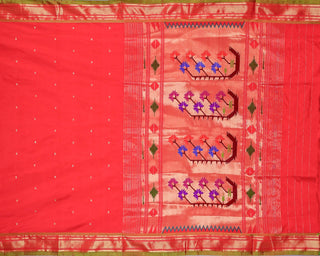 Red pure silk Paithani saree with gold zari Narali border and multicolour floral pallu handwoven in Yeola