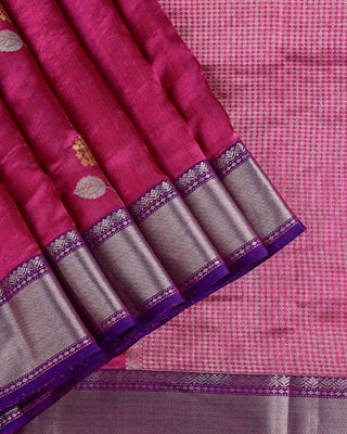 Magenta Chanderi Silk Saree with Silver Zari Bhavanchi Border and Barfi Pallu
