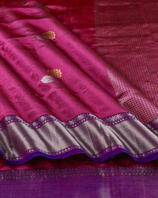 Magenta Chanderi Silk Saree with Silver Zari Bhavanchi Border and Barfi Pallu