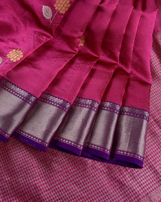 Magenta Chanderi Silk Saree with Silver Zari Bhavanchi Border and Barfi Pallu