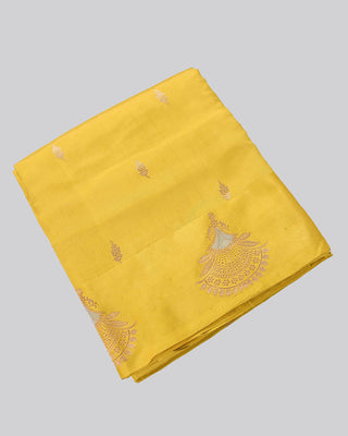 Bright haldi yellow Poona silk saree with silver-gold zari floral border and matching blouse