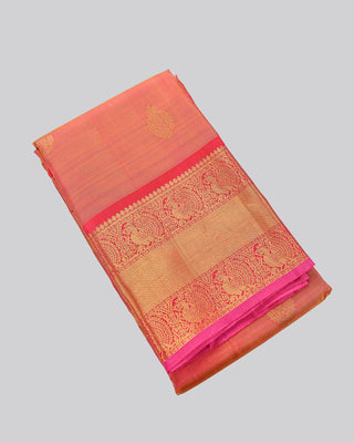 Pink rust orange dual tone pure silk Kanjivaram saree with large gold zari rudraksha buttas peacock medallion border