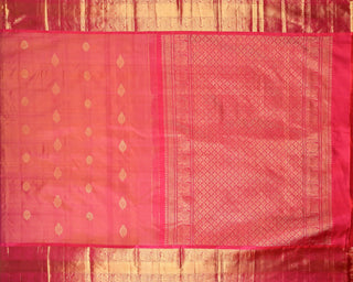 Pink rust orange dual tone pure silk Kanjivaram saree with large gold zari rudraksha buttas peacock medallion border