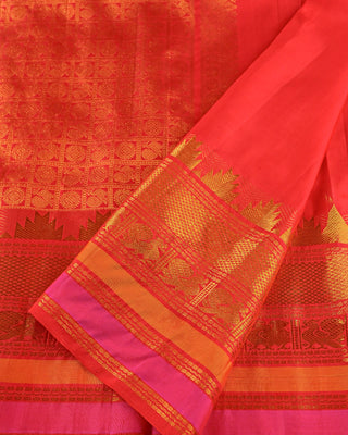 Red pure silk Kanjivaram saree with gold zari peacock temple border pink stripe edge and geometric mandala full zari pallu