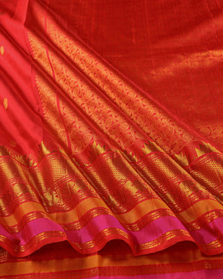 Red pure silk Kanjivaram saree with gold zari peacock temple border pink stripe edge and geometric mandala full zari pallu