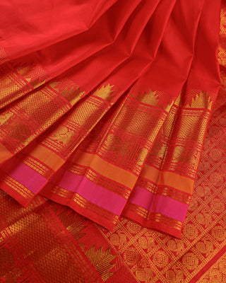 Red pure silk Kanjivaram saree with gold zari peacock temple border pink stripe edge and geometric mandala full zari pallu