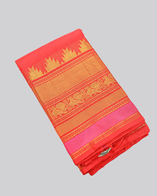 Red pure silk Kanjivaram saree with gold zari peacock temple border pink stripe edge and geometric mandala full zari pallu