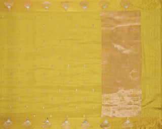 Bright haldi yellow Poona silk saree with silver-gold zari floral border and matching blouse