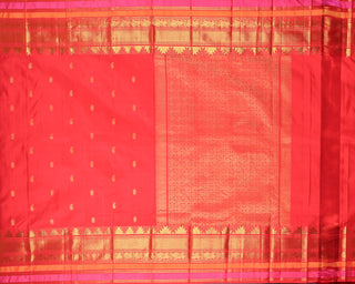 Red pure silk Kanjivaram saree with gold zari peacock temple border pink stripe edge and geometric mandala full zari pallu