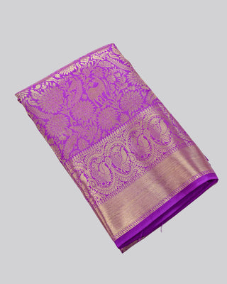 Royal purple pure silk handwoven Kanjivaram saree with gold zari vanasingaram forest motif deer peacock vines and diamond pallu