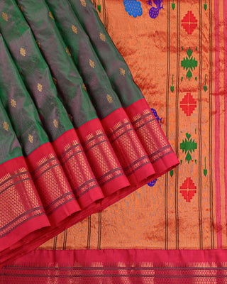 Green and rani pink pure silk Paithani saree with gold zari Narali border and multicolour peacock floral pallu