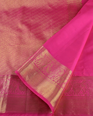 Dual-tone rani pink and red silk Kanjivaram saree with peacock and elephant motifs