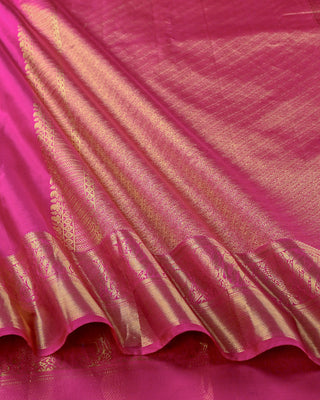 Dual-tone rani pink and red silk Kanjivaram saree with peacock and elephant motifs
