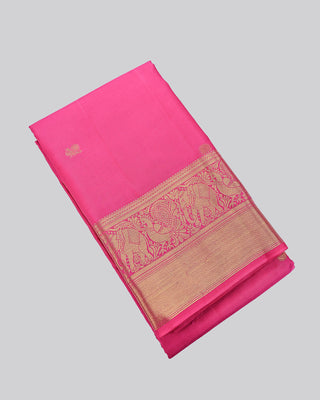 Dual-tone rani pink and red silk Kanjivaram saree with peacock and elephant motifs