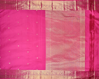 Dual-tone rani pink and red silk Kanjivaram saree with peacock and elephant motifs