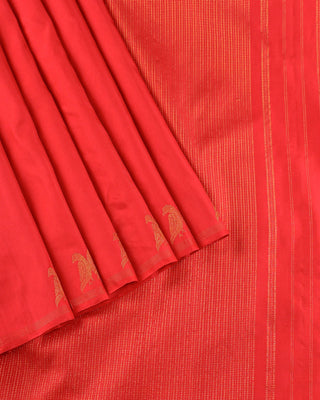 Crimson red pure silk Kanjivaram saree with gold zari twin bird motif border