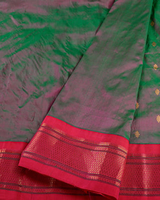 Green and rani pink pure silk Paithani saree with gold zari Narali border and multicolour peacock floral pallu