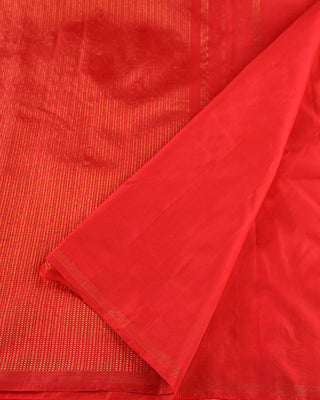 Crimson red pure silk Kanjivaram saree with gold zari twin bird motif border