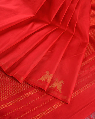 Crimson red pure silk Kanjivaram saree with gold zari twin bird motif border