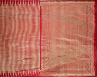 Crimson red Kanjivaram silk saree with gold zari stripes and brocade pallu