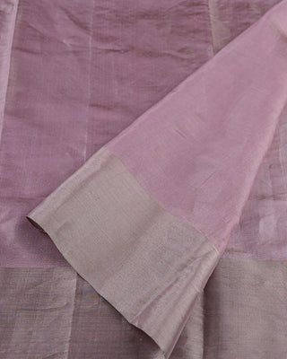 Pastel lavender tissue Chanderi silk saree with silver zari floral buttas orange meenakari and trellis pallu