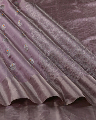 Pastel lavender tissue Chanderi silk saree with silver zari floral buttas orange meenakari and trellis pallu